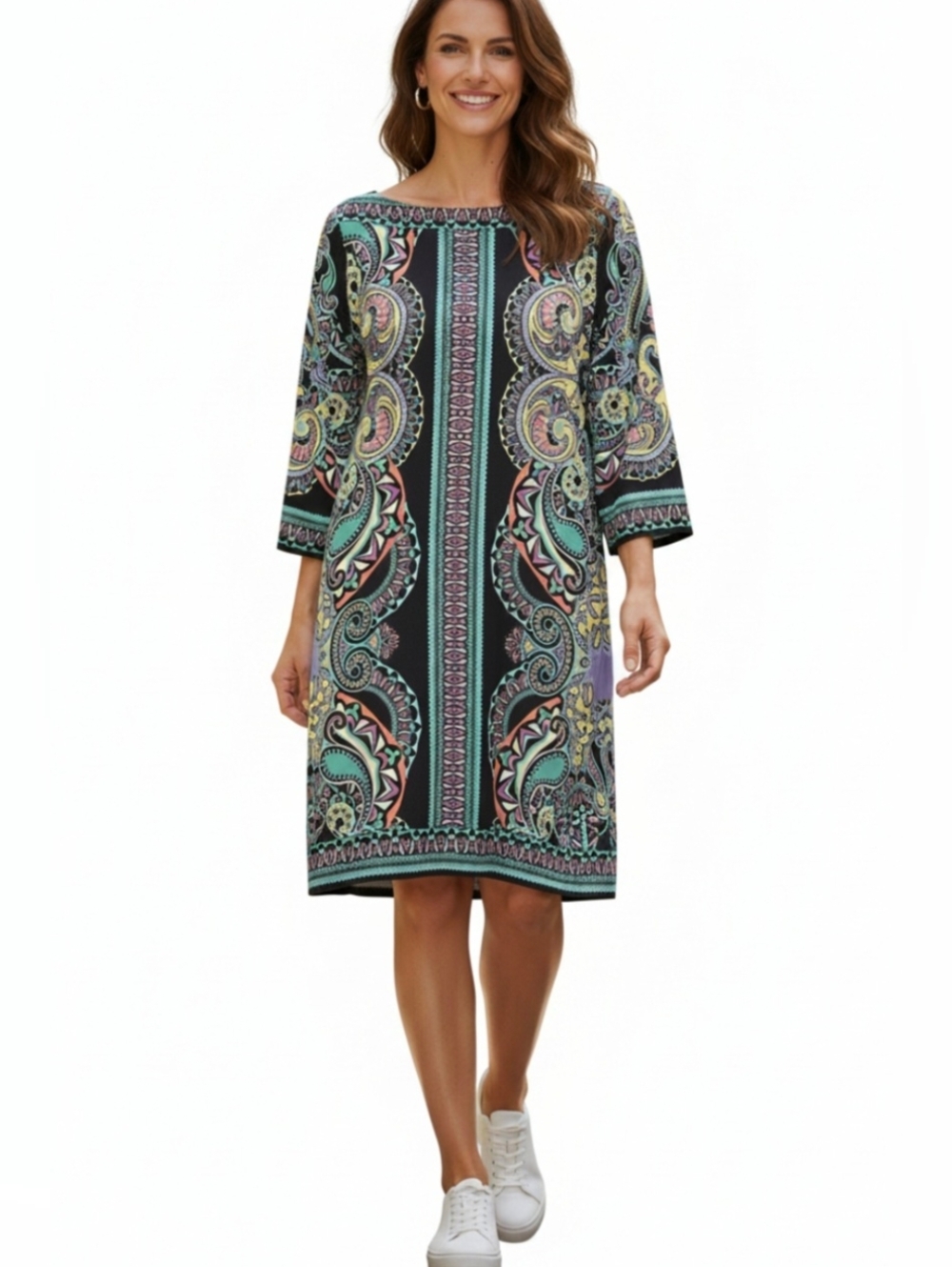 Eci Black Paisley Print Shift Dress with Mint and Pink Accents.Size L